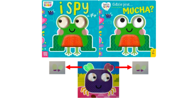 Das Bild zeigt eine bunte Kinderbuchseite mit zwei grünen Fröschen. Oben stehen die Titel „I SPY“ und „Gdzie jest... MUCHA?“. Beide Frösche haben große Kulleraugen, rote Mäuler und gelbe Füße. In der Mitte sind zwei kleine Ausschnitte einer Fliege zu sehen, die mit roten Pfeilen markiert werden. Unten sitzt eine lila, freundlich wirkende Fliege mit großen Augen.