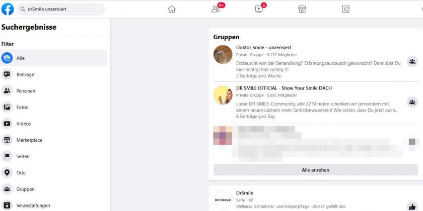 Screenshot einer geschlossenen Facebook-Gruppe mit dem Namen DrSmile unzensiert