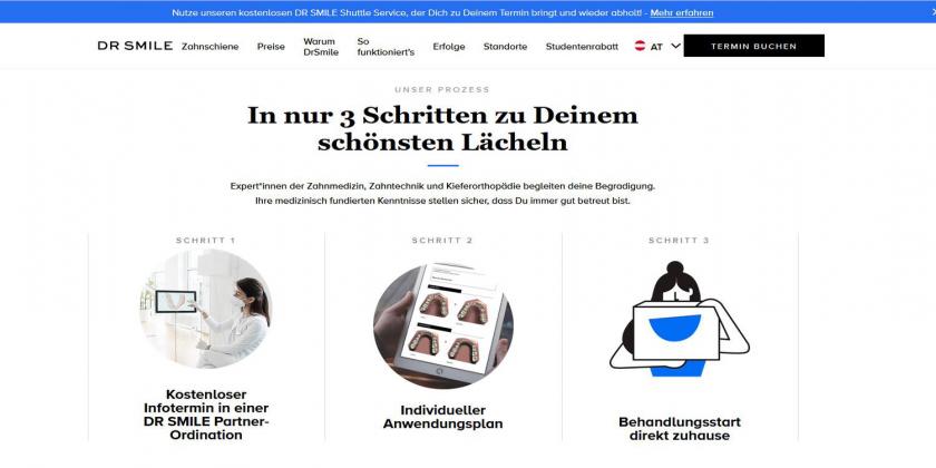 Screenshot zeigt DrSmile-Website mit dem Werbeversprechen In 3 Schritten zu Deinem schönsten Lächeln