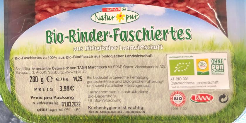 SPAR Natur Pur Bio-Rinder-Faschiertes und SPAR Natur Bio-Faschiertes gemischt