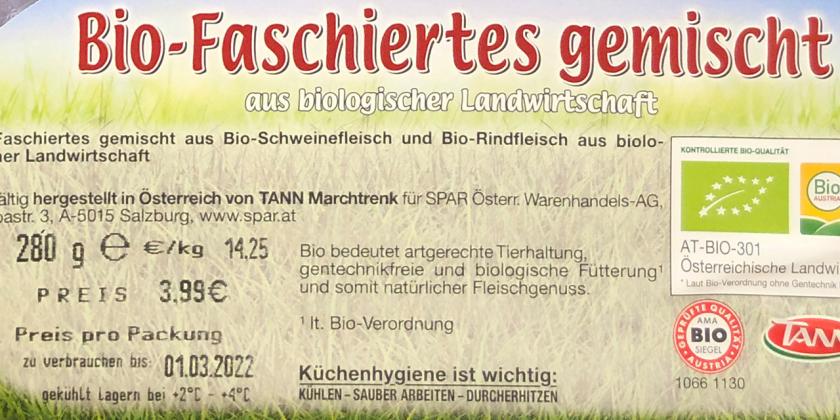 SPAR Natur Bio-Faschiertes gemischt: Aufkleber mit Infos zum Gewicht