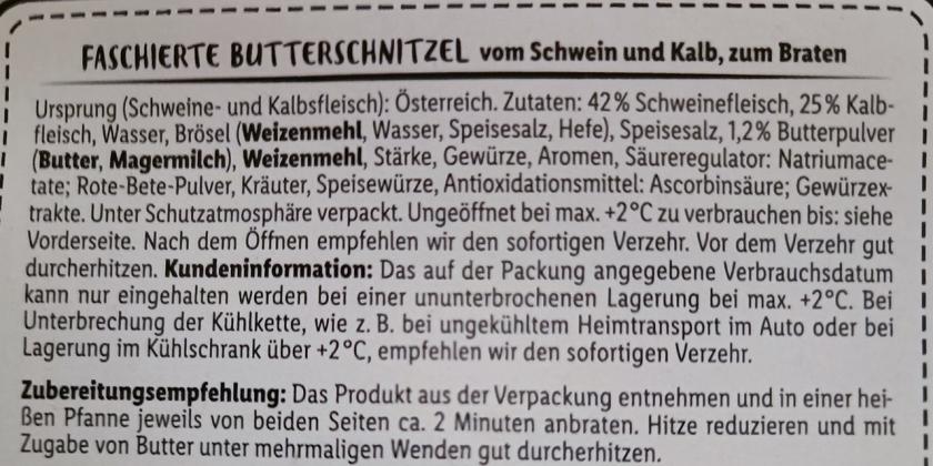Lidl Kalbsbutterschnitzerl: Zutatenliste