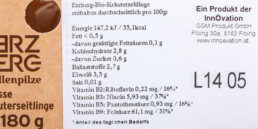 Erzberg Stollenpilze Kräuterseitlinge: auf ursprünglicher Zutatenliste Aufkleber angebracht