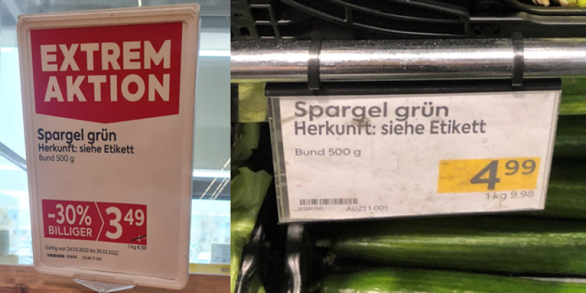 Spargel aus Mexiko: Preisschild mit Hinweis auf das Etikett.