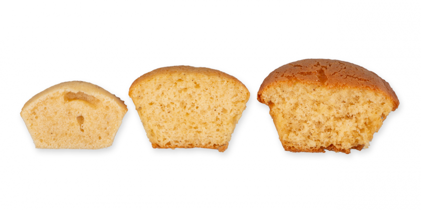 Muffins im Vergleich: links ohne Treibmittel, Mitte mit Backpulver in normaler Menge, rechts Bachpulver in doppelter Menge.