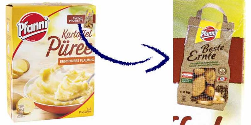 Pfanni Kartoffel Püree: das auf der Püree-Verpackung gezeigte kleine Säckchen mit Erdäpfel extra in Großaufnahme dargestellt