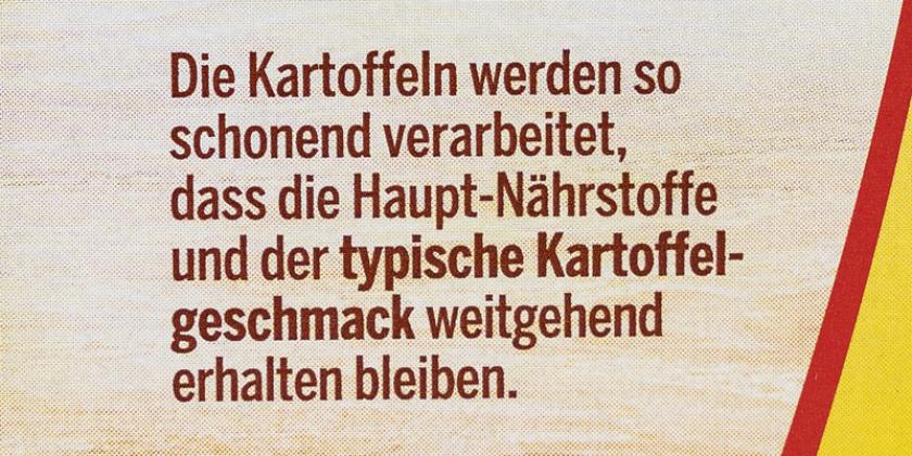 Pfanni Kartoffel Püree: Hinweis auf der Verpackung, zur schonenden Verarbeitung der Kartoffel