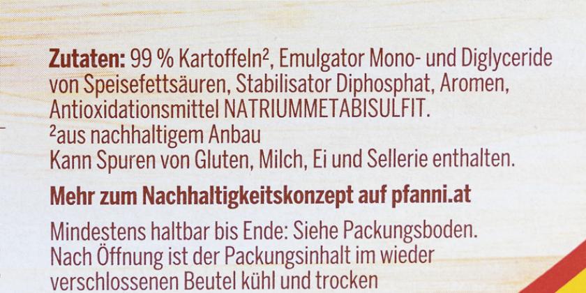 Pfanni Kartoffel Püree: Auflistung der Zutaten auf der Verpackung