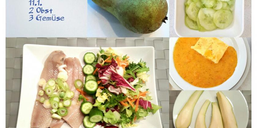 Verschiedene Obst- und Gemüse-Speisen.