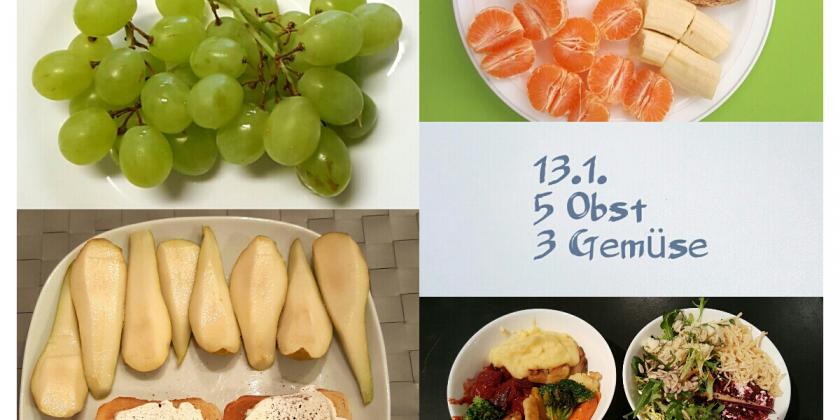 Verschiedene Obst- und Gemüse-Speisen.