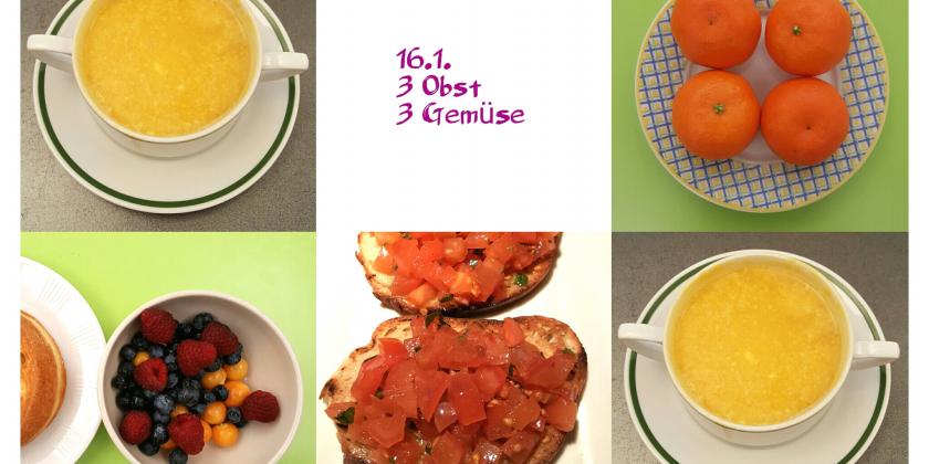 Verschiedene Obst- und Gemüse-Speisen.