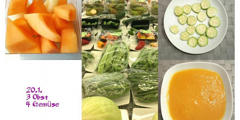 Verschiedene Obst- und Gemüse-Speisen.