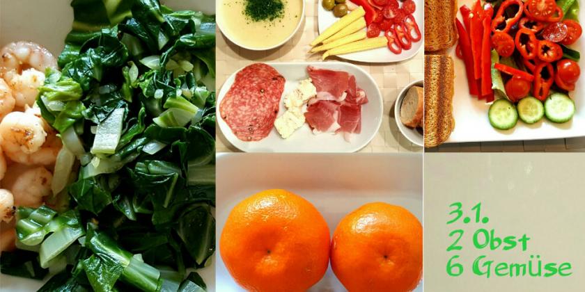 Verschiedene Obst- und Gemüse-Speisen.