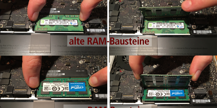 Auf dem Foto ist zu sehen, wie ein alter RAM-Baustein ausgebaut und ein neuer RAM-Baustein eingebaut wird.