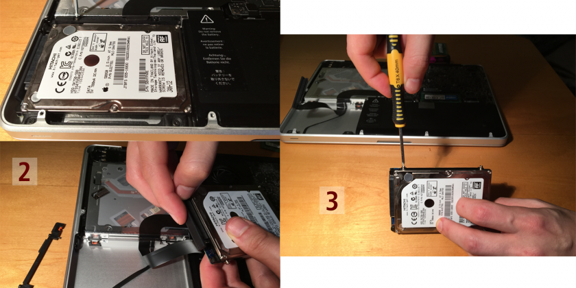 Hier ist zu sehen, wie die HDD-Festplatte ausgebaut wird.