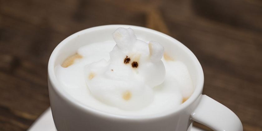Latte Art: Kaffeetasse mit Milchschaum, Nilpferdkopf aus Milchschaum obenauf platziert.