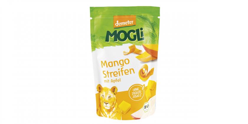 Mango Streifen: Packung zeigt Löwen und geschnittene Mangoscheiben und Mangostücke, in kleiner Schrift darunter steht &quot;mit Apfel&quot;