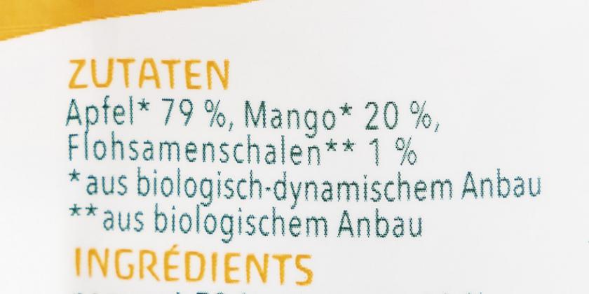 Mogli Mango Streifen: Zutatenliste - Apfel macht den Hauptbestandteil aus, nicht Mango.
