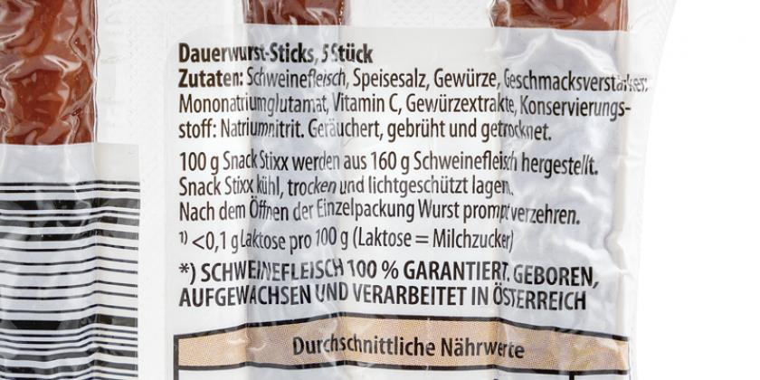 Snack Stixx Classic Dauerwurststicks: auf der Verpackung angeführte Zutaten