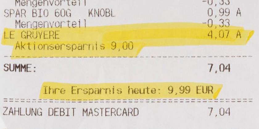 Spar Käse: Aktionsersparnis am Preiszettel betrifft den Kilopreis.