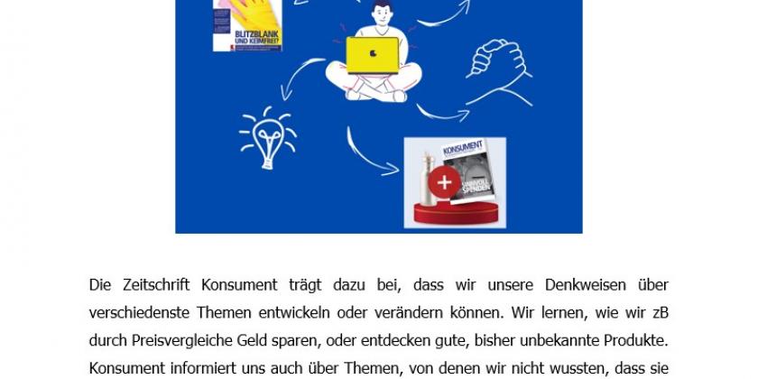 Quadratische blaue Grafik, darunter Textblock