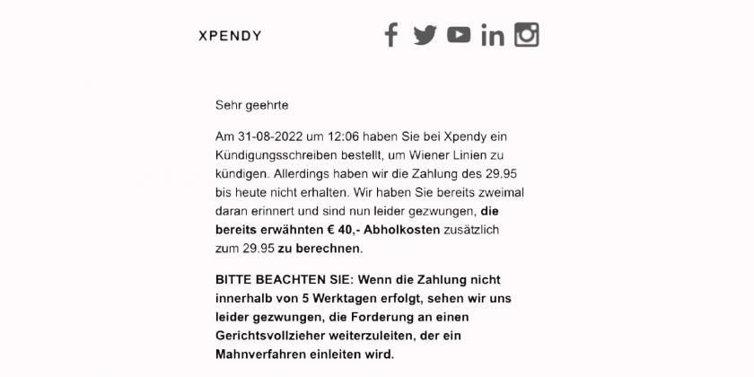 Mahnschreiben von Xpendy