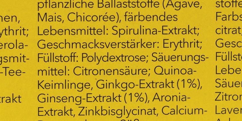 Nu Magic Water: Zutaten aufgelistet in schwarzer Schrift auf gelbem Untergrund.