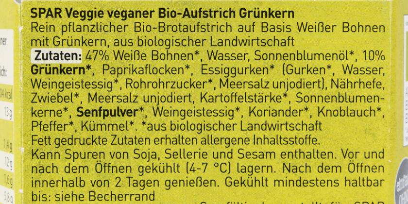 Spar Veggie Bio-Aufstrich Grünkern Zutatenliste