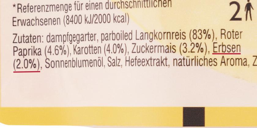 Ben’s Original nach Art Risi Bisi: Zutatenliste mit Auflistung, weiterhin nur 2 Prozent Erbsen enthalten.