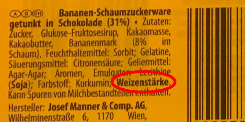 Casali-Schokobananen: Zutatenliste vom Klebeetikett führt Weizenstärke an.