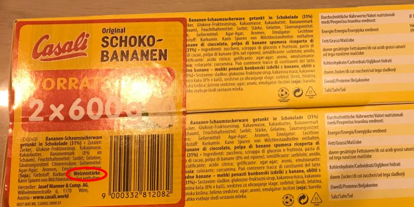 Casali Original Schokobananen: Am Klebe-Etikett ist Weizenstärke in der Zutatenliste vermerkt, in der Zutatenliste der Einzelpackungen nicht.