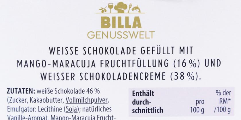 Billa Genusswelt Maracuja Kugeln Auslobung 16 % Mango-Maracuja FruchtfüllungRückseite