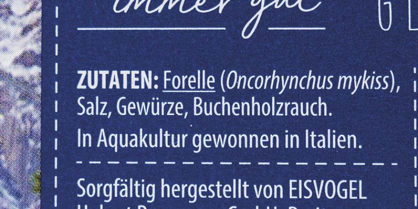 Billa immer gut Forellenfilet geräuchert, Auslobung &quot;In Aquakultur gewonnen in Italien&quot;
