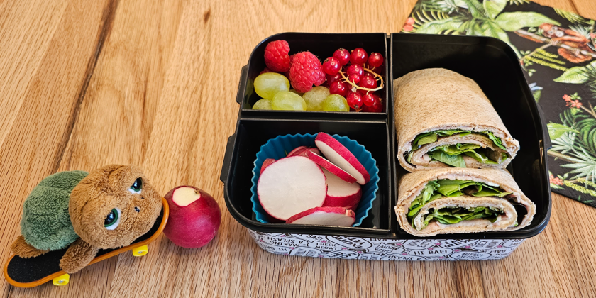 Vollkornwraps mit Frischkäse, Schinken und Salat; Radieschen, Weintrauben, Ribisel und Himbeeren