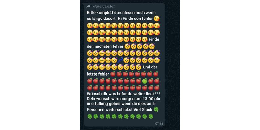 ScrSh WhatsApp 9 Spiel Finde den Fehler Screenshot eines WhatsApp-Kettenbriefes. Er zeigt Emojis und eines weicht ab. Der Text lautet: "Finde den Fehler und dein Wunsch wird in Erfüllung gehen"