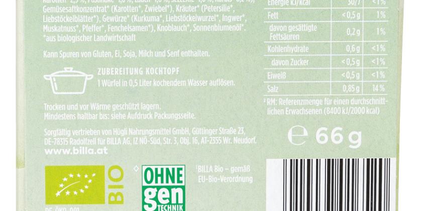 Billa bio Gemüsesuppe Zutatenliste