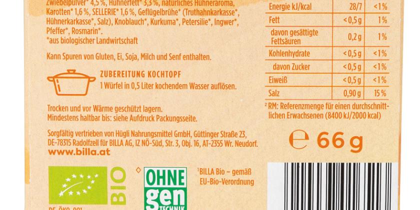 Billa bio Hühnersuppe Zutatenliste