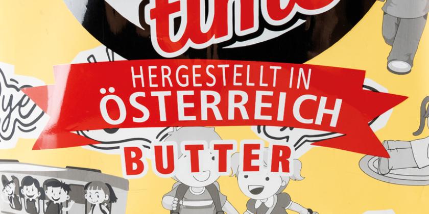 PopCorn Time Butter - Detailansicht mit Auslobung "Butter" und "Hergestellt in Österreich"