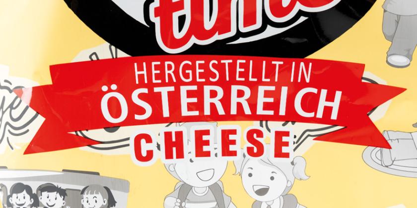 PopCorn Time Cheese - Detailansicht mit Auslobung "Cheese" und "Hergestellt in Österreich"