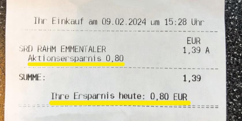 Spar Käse mit Aktionsersparnis - Kassenbeleg