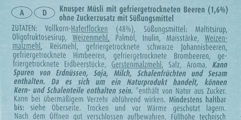 Knusperli Knusper Müsli 0 % Zuckerzusatz Waldbeer - alte Zutatenliste