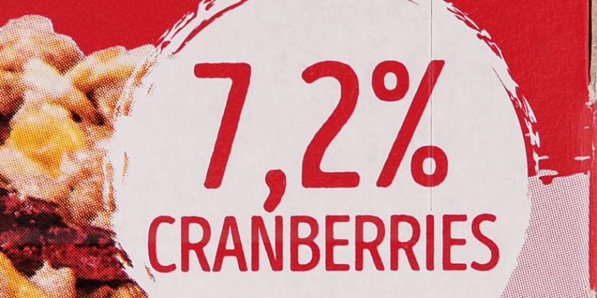 Crownfield Müsli-Riegel Cranberry - Auslobung "7,2 % Cranberries"  auf dem Außenkarton