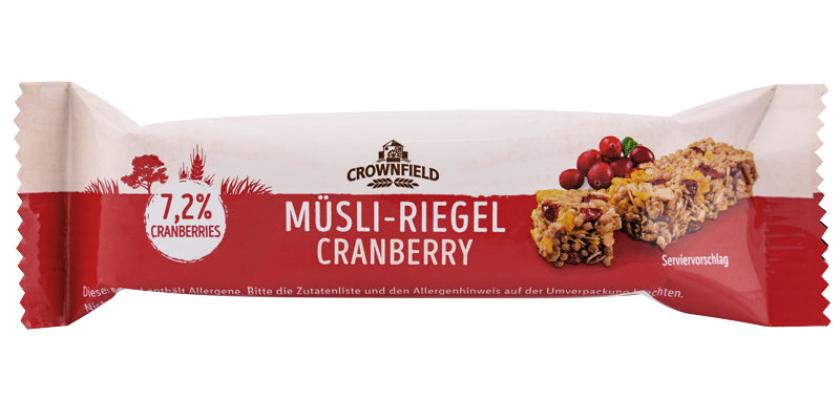 Crownfield Müsli-Riegel Cranberry - Auslobung "7,2 % Cranberries" auf der Einzelverpackung