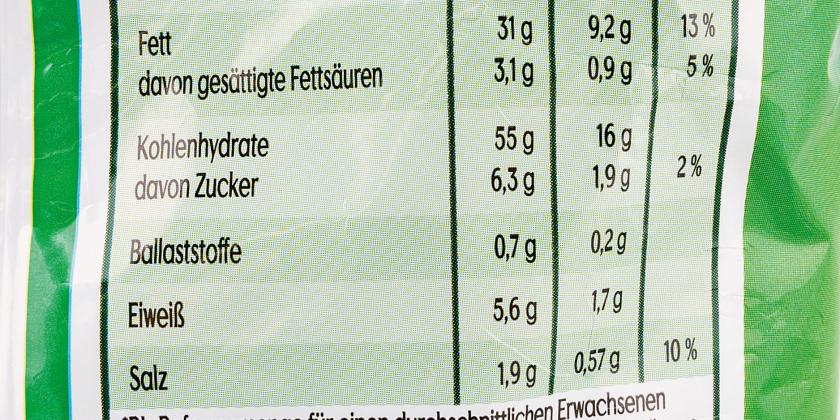 Lay’s Bugles: Nährwerteliste des aktualisierten Produktes, schwarze Schrift auf hellgrünem Untergrund