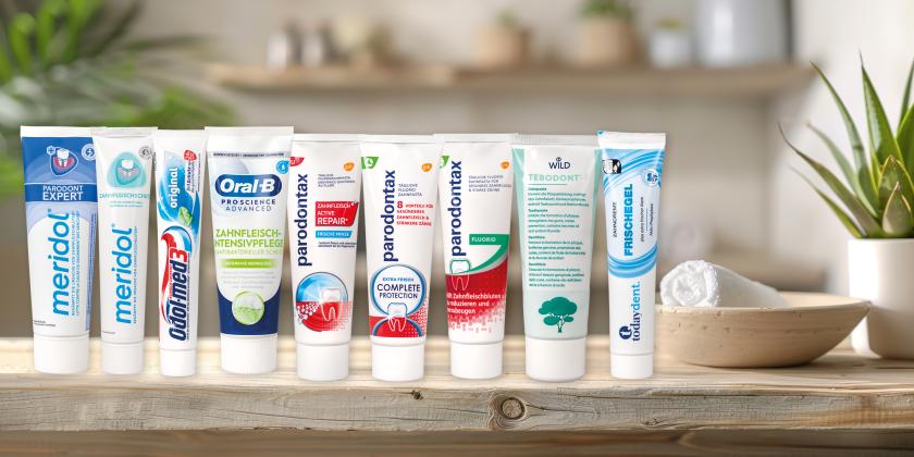 Zahnpasta Testsieger - Gruppenbild unserer Produkte im Zahnpasten Test