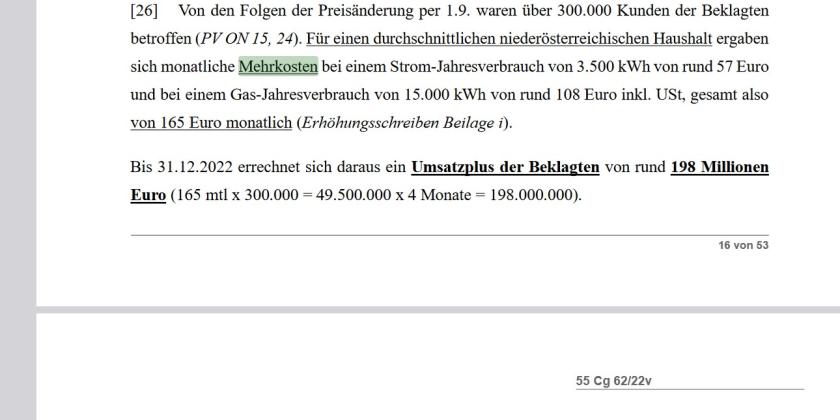 ScrSh EVN-Urteil LG WrNeustadt Mehrkosten Umsatzplus 2024-11-07 Der Screenshot aus dem EVN-Urteil zeigt die Mehrkosten für Konsumenten