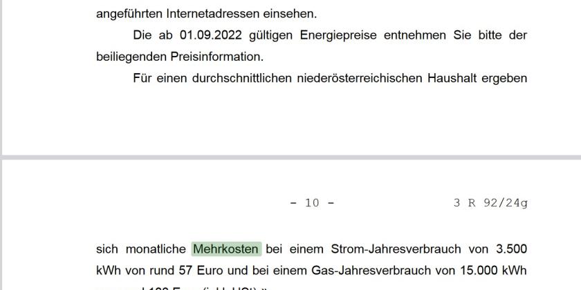 ScrSh EVN-Urteil OLG Wien Mehrkosten 2024-11-07 Screenshot aus dem Urteil des Oberlandesgerichts Wien