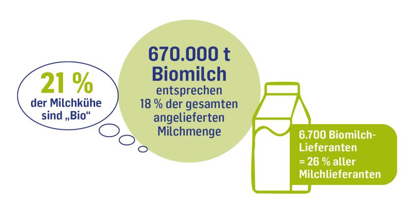 21 % der Milchkühe in Österreich sind Bio. 670000 Tonnen Biomilch entsprechen 18 % der gesamten angelieferten Milchmenge. 6700 Biomilch-Lieferanten = 26 % aller Milchlieferanten