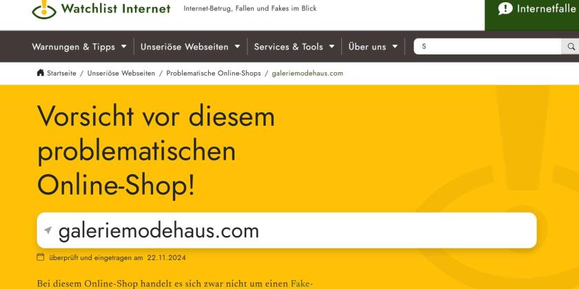 Screenshot der Seite watchlist-listinternet.at warnt vor einem Dropshipping Webshop