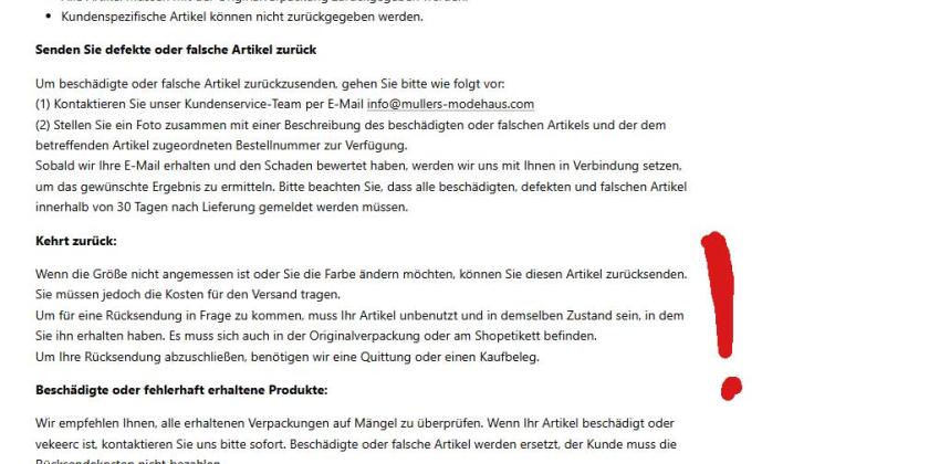 Screenshot der Seite Mullersmodehaus.com mit den AGBs und den selbst zu zahlenden Rücksendekosten